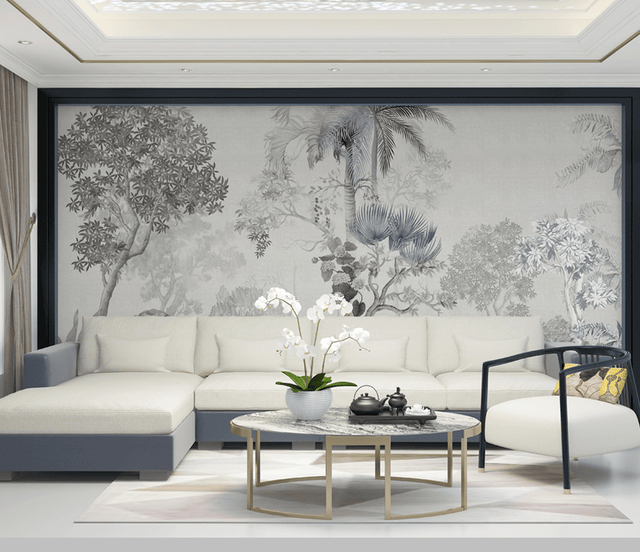 Tropical Sketch Theme: Tree Wallpaper Murals-ChandeliersDecor.com