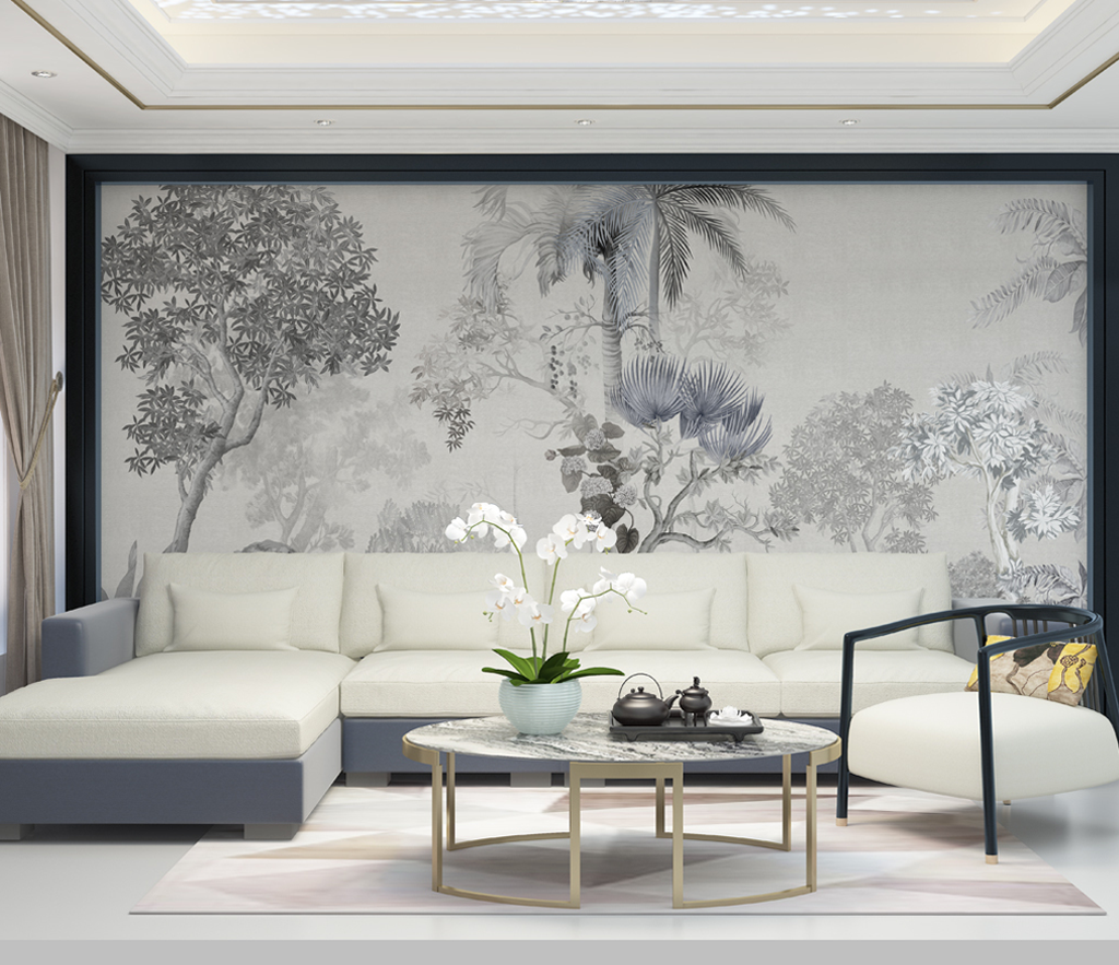 Tropical Sketch Theme: Tree Wallpaper Murals-ChandeliersDecor