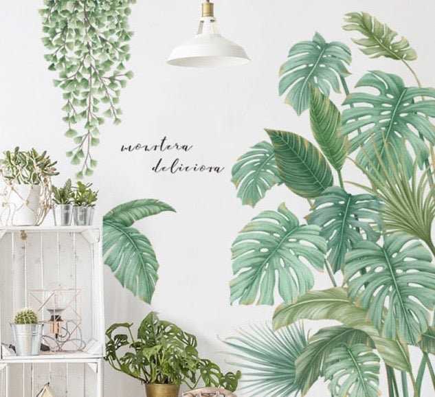 Green Leaf Wall Stickers for Living room | Tropical plants Wall Decal Home Decoration