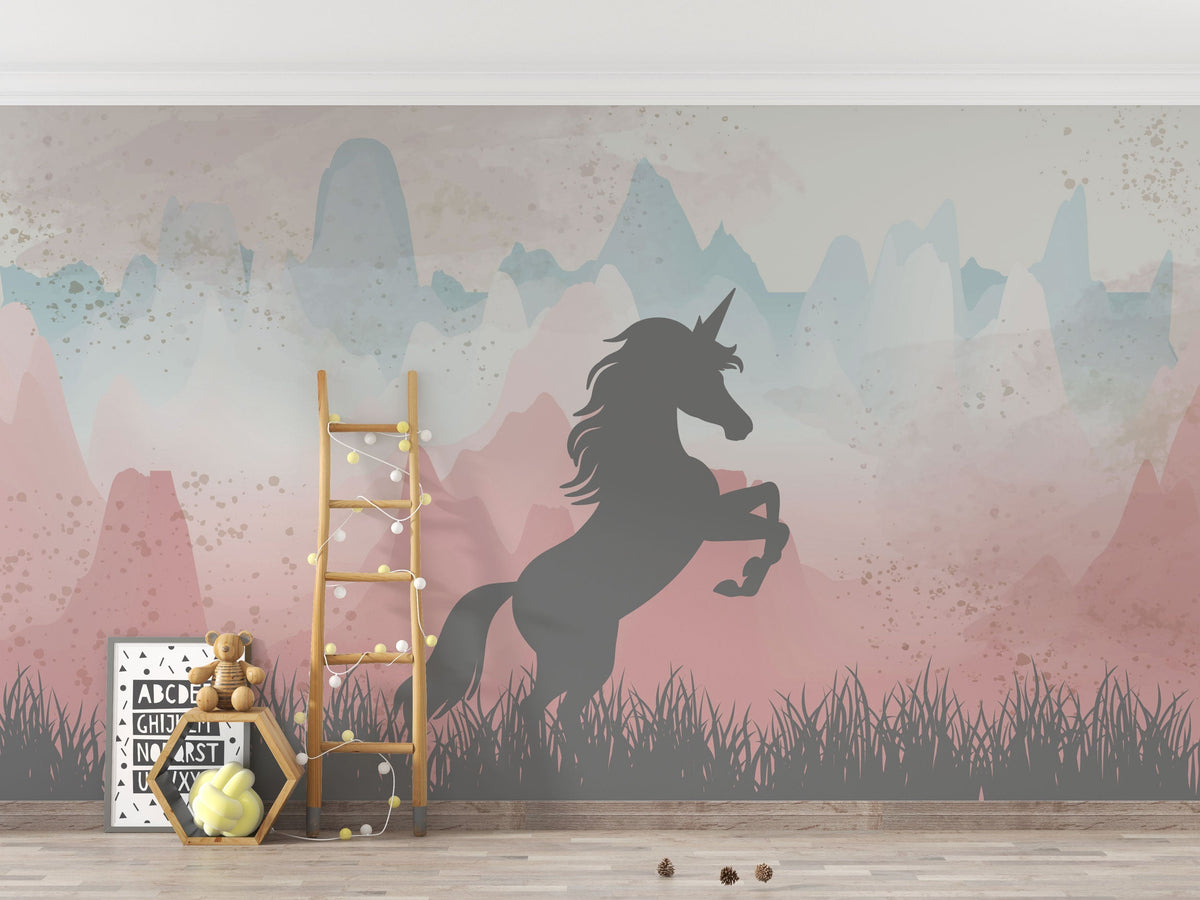 Unicorn in Mountains - Girls Room Wallpaper Mural-ChandeliersDecor