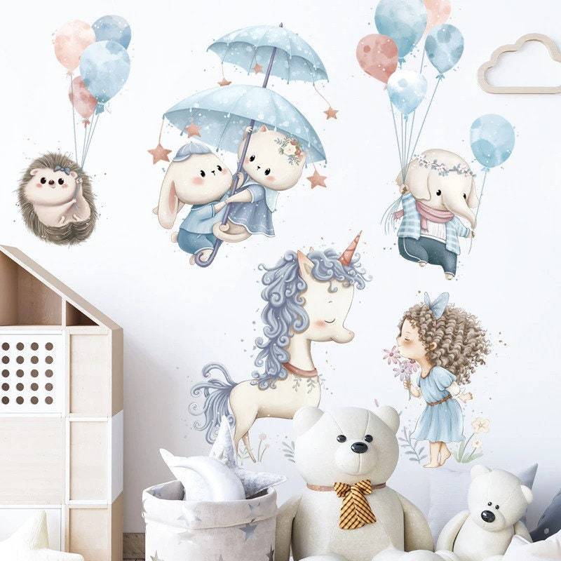 Unicorn Princess Balloon Animals Wall Stickers for Kids Room Wall Decals Decorative Stickers Murals Home Decor wallstickers