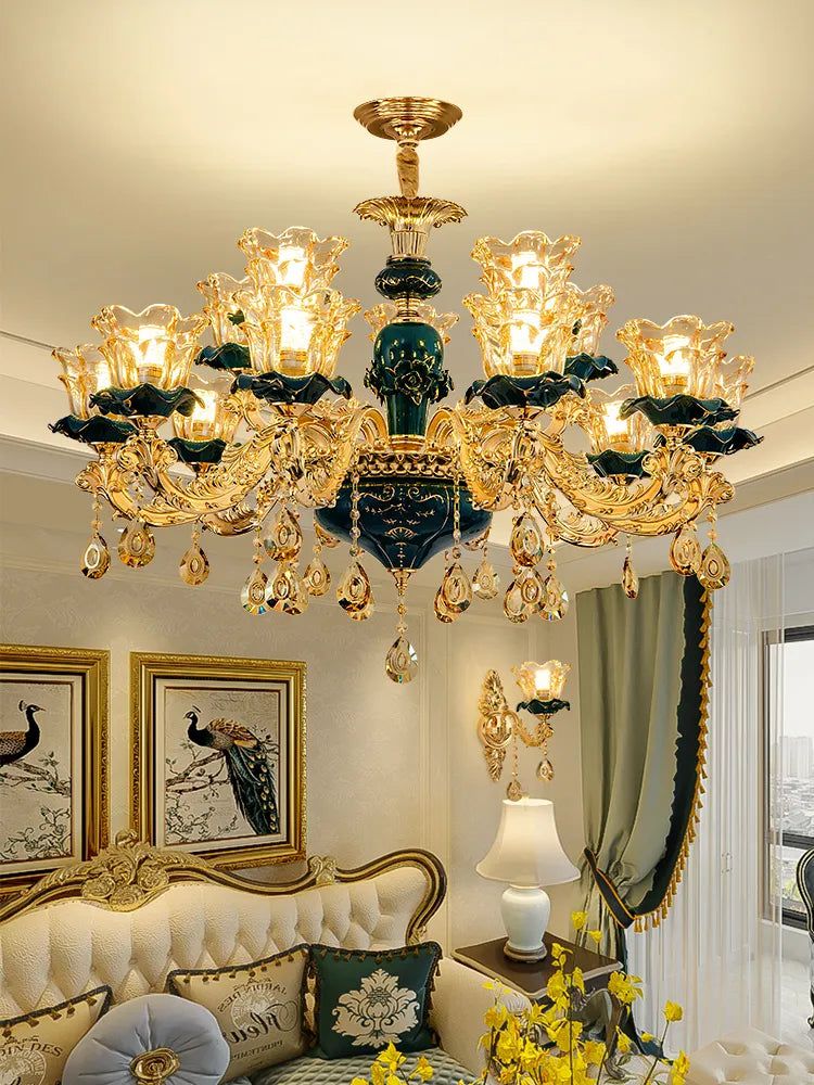 Vintage Green Crystal Ceramic Chandelier - Timeless Elegance with a Touch of Tradition-ChandeliersDecor