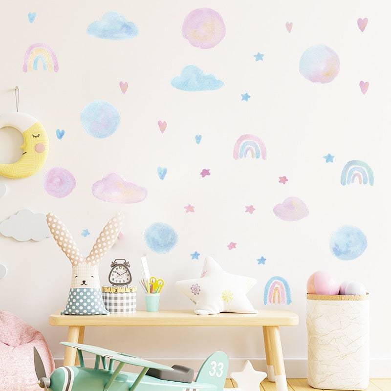 Watercolour Heart Clouds Wall Stickers for Baby Girls Room | Wall Decor Removable PVC Wall Decals Home Decor