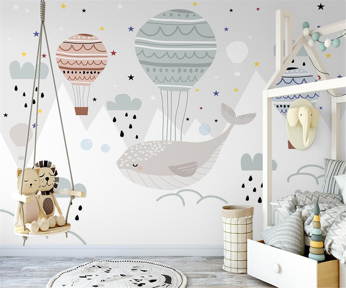 Whale and Air Balloons Kids Room Wallpaper Mural-ChandeliersDecor