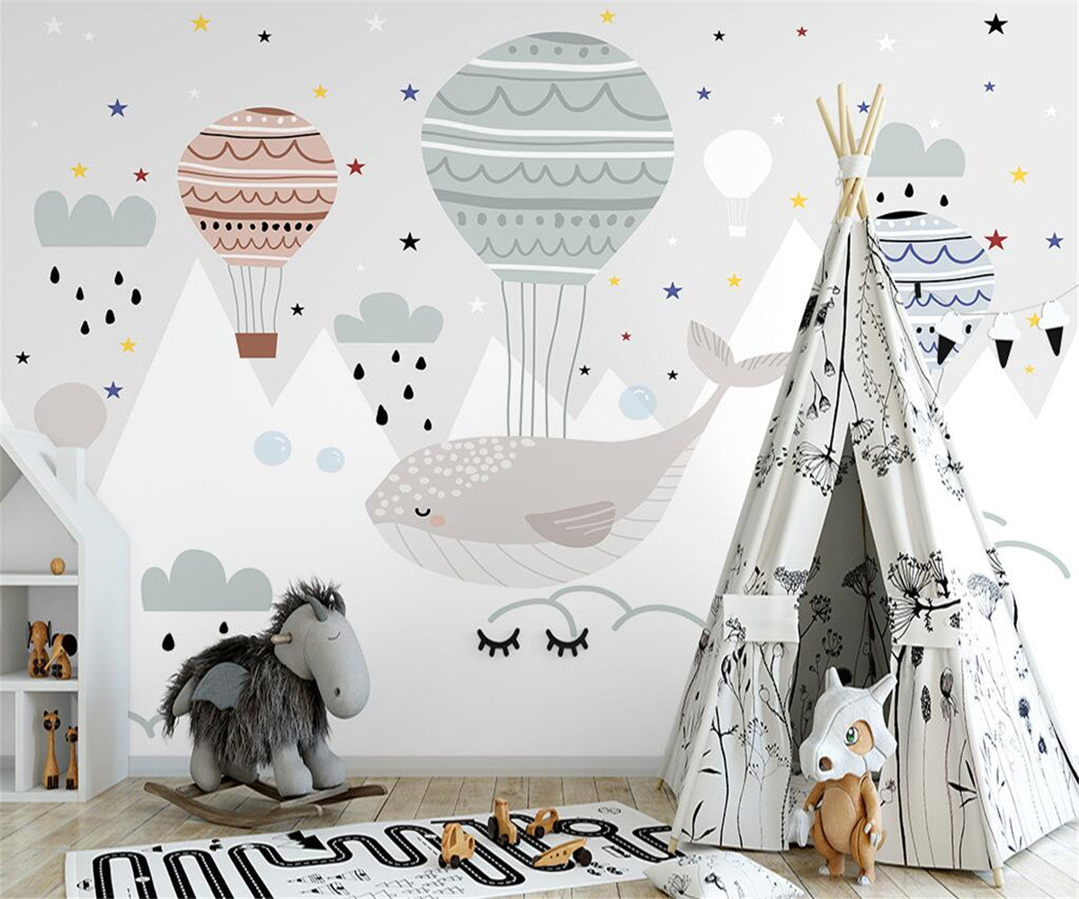 Whale and Air Balloons Kids Room Wallpaper Mural-ChandeliersDecor