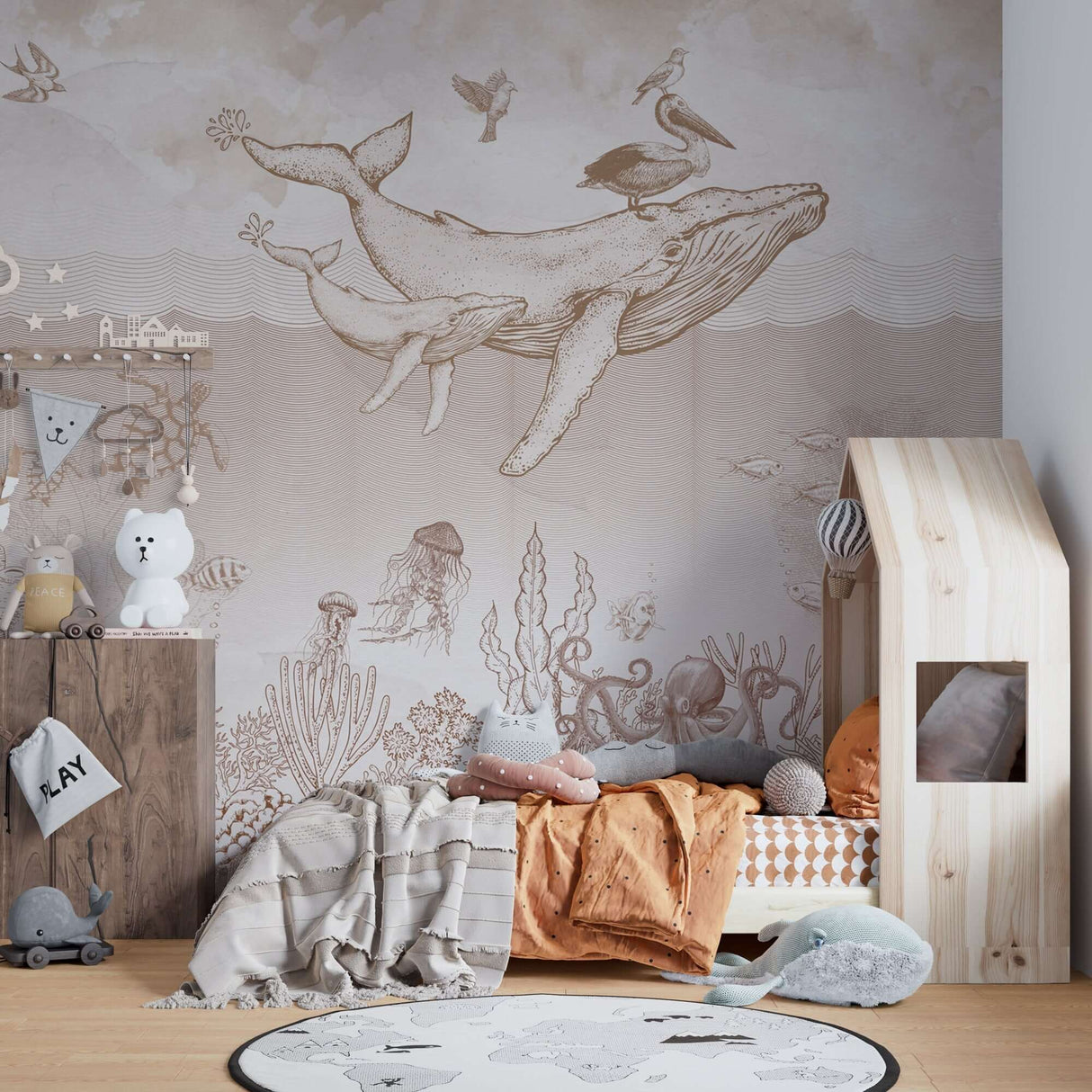 Whales in Sea Sketchy - Kids Room Wallpaper Mural-ChandeliersDecor.com