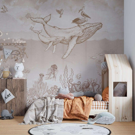Whales in Sea Sketchy - Kids Room Wallpaper Mural-ChandeliersDecor.com