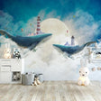 Whales Lighthouse Sky Blue White Clouds Wallpaper for Home Wall Decor-ChandeliersDecor.com