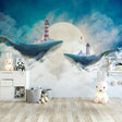 Whales Lighthouse Sky Blue White Clouds Wallpaper for Home Wall Decor-ChandeliersDecor