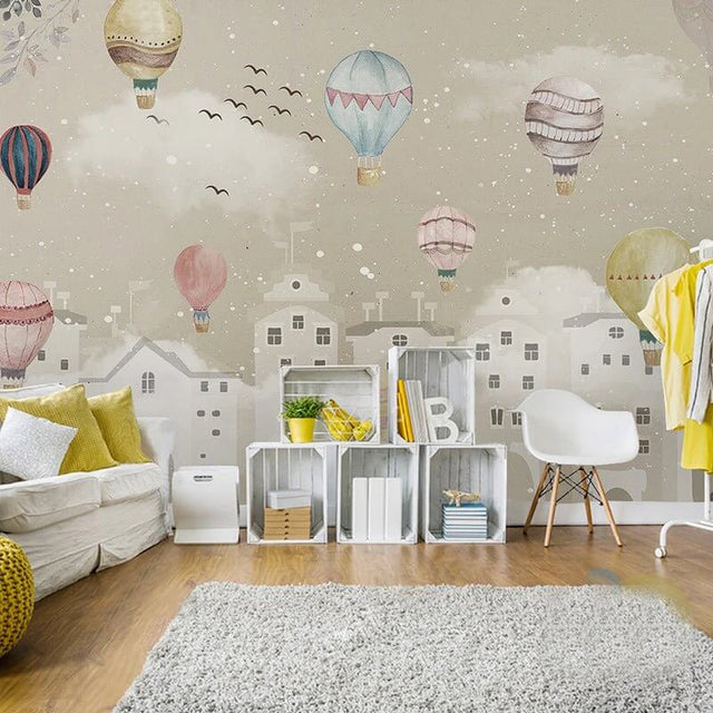 Whimsical Air Balloons Flying Nursery Wallpaper-ChandeliersDecor.com