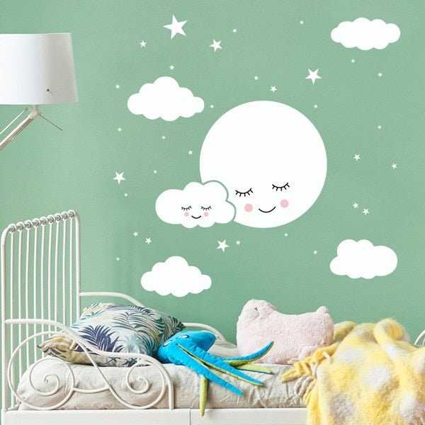 White Smiley Cloud Stars Wall Sticker | Kids Baby Rooms Decorations | Children Wall Art