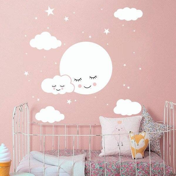 White Smiley Cloud Stars Wall Sticker | Kids Baby Rooms Decorations | Children Wall Art