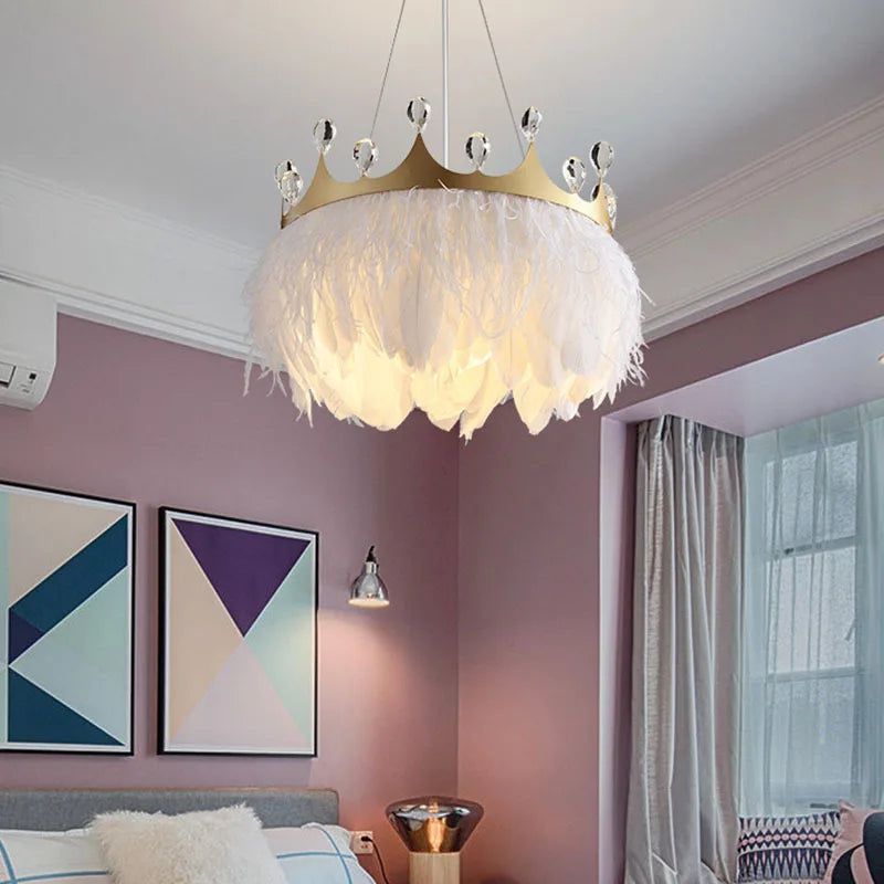 White Feather Crown Crystal Pendant Light - Illuminate Your Space with Ethereal Elegance