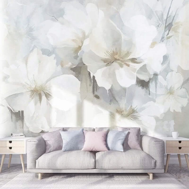 White Floral Wallpaper Murals - Stunning Design-ChandeliersDecor.com