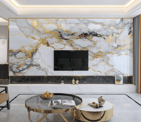 White & Gold Stone - Marble Wallpaper Murals-ChandeliersDecor.com