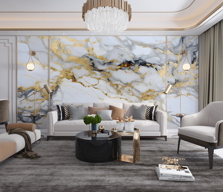 White & Gold Stone - Marble Wallpaper Murals-ChandeliersDecor