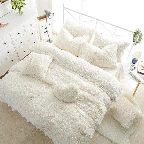 White Pink Fleece Warm Bedding Set-ChandeliersDecor