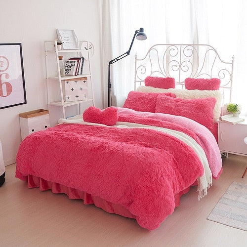 White Pink Fleece Warm Bedding Set-ChandeliersDecor