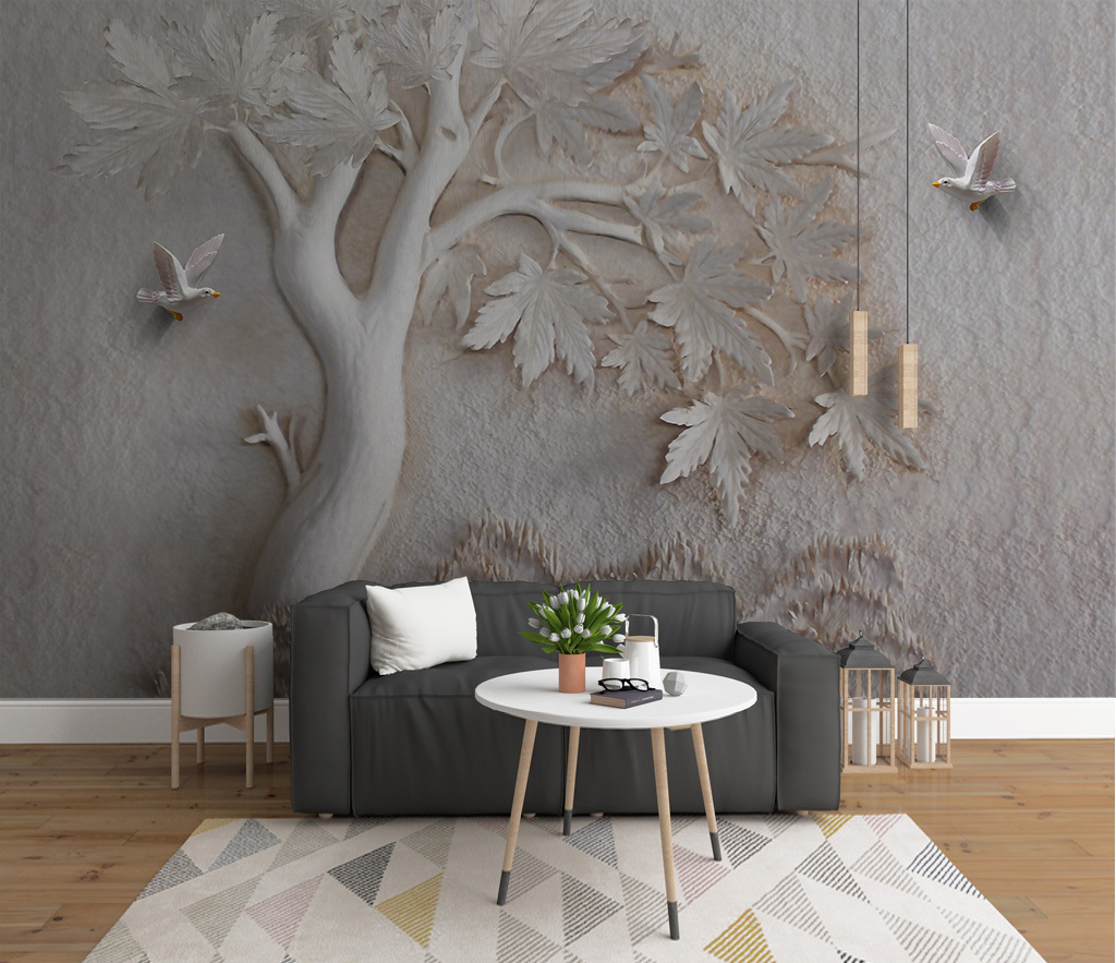 Widespread 3D Embossed: Maple Tree Mural Wallpaper-ChandeliersDecor