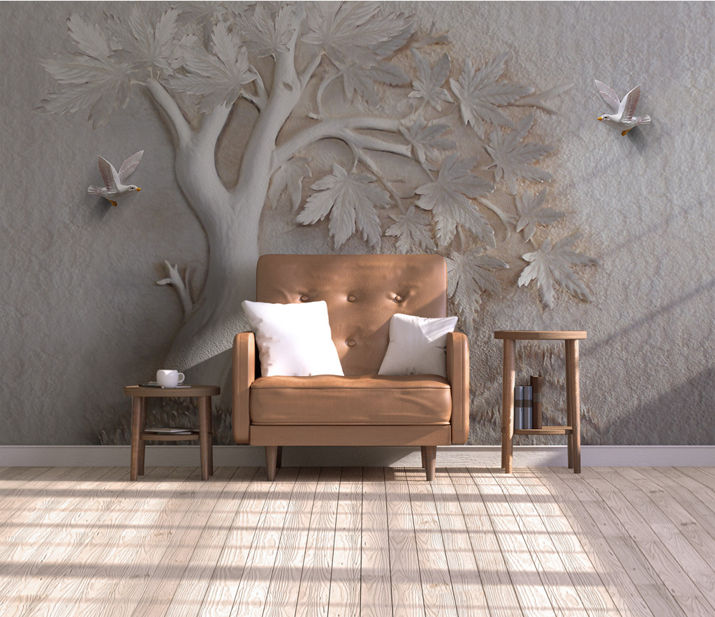 Widespread 3D Embossed: Maple Tree Mural Wallpaper-ChandeliersDecor