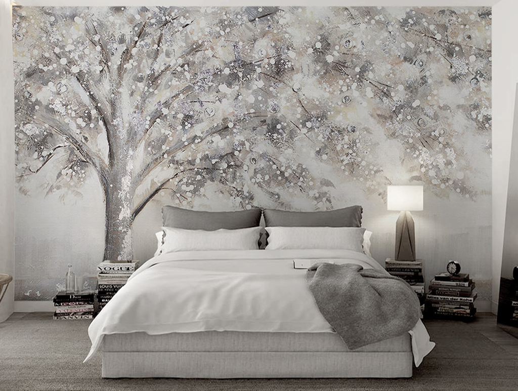 Widespread Tree Grey Theme Wallpaper Murals-ChandeliersDecor