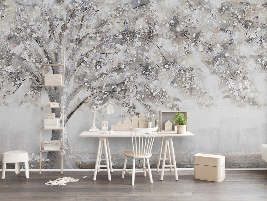 Widespread Tree Grey Theme Wallpaper Murals-ChandeliersDecor