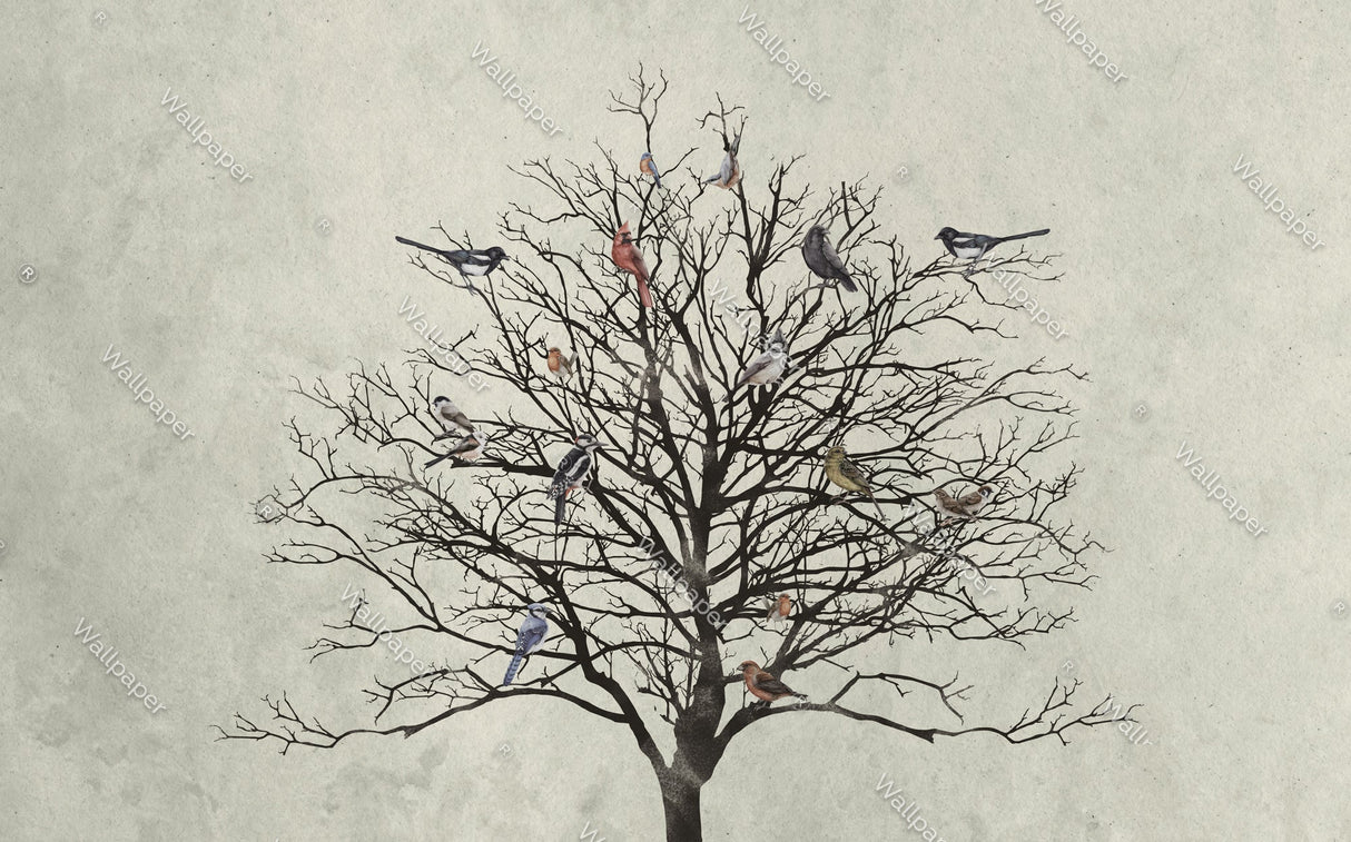 Winter Birds Tree Walllpaper Mural - Enhance Your Space-ChandeliersDecor