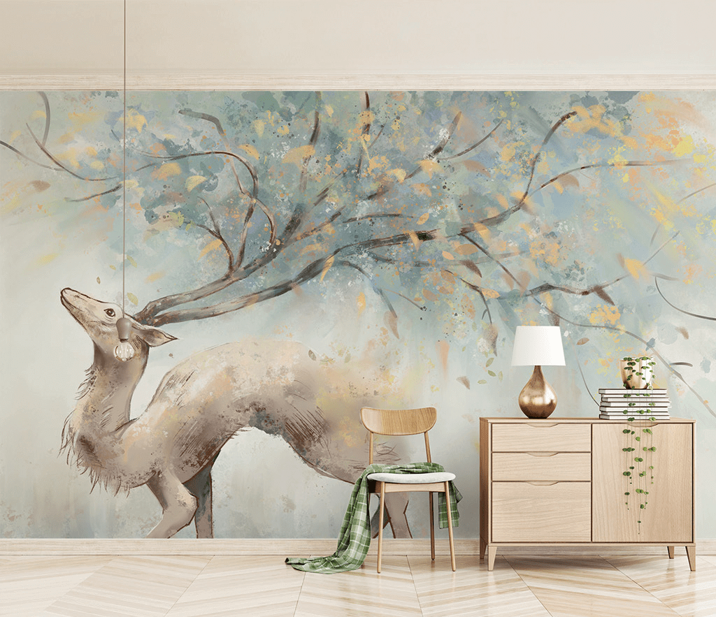 Winter Reindeer Tree Trunks Wallpaper Mural-ChandeliersDecor.com