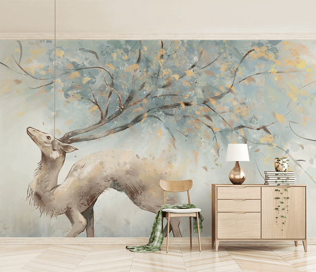 Winter Reindeer Tree Trunks Wallpaper Mural-ChandeliersDecor.com