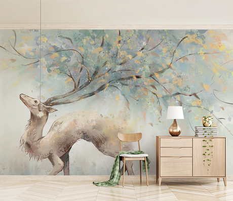 Winter Reindeer Tree Trunks Wallpaper Mural-ChandeliersDecor