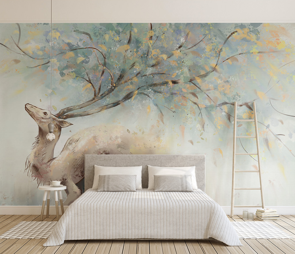 Winter Reindeer Tree Trunks Wallpaper Mural-ChandeliersDecor