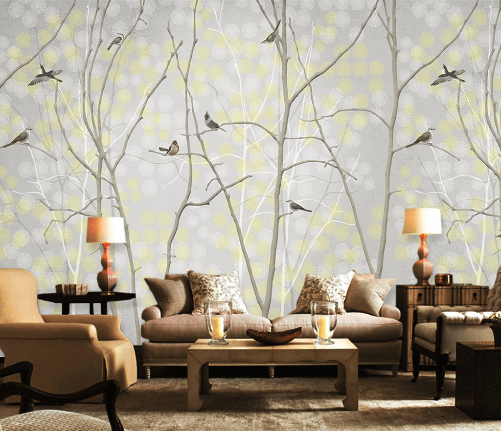 Winter Trees and Birds - Trees Wallpaper Mural-ChandeliersDecor.com