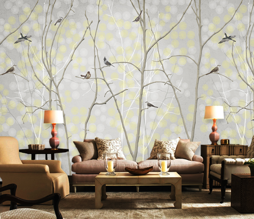 Winter Trees and Birds - Trees Wallpaper Mural-ChandeliersDecor