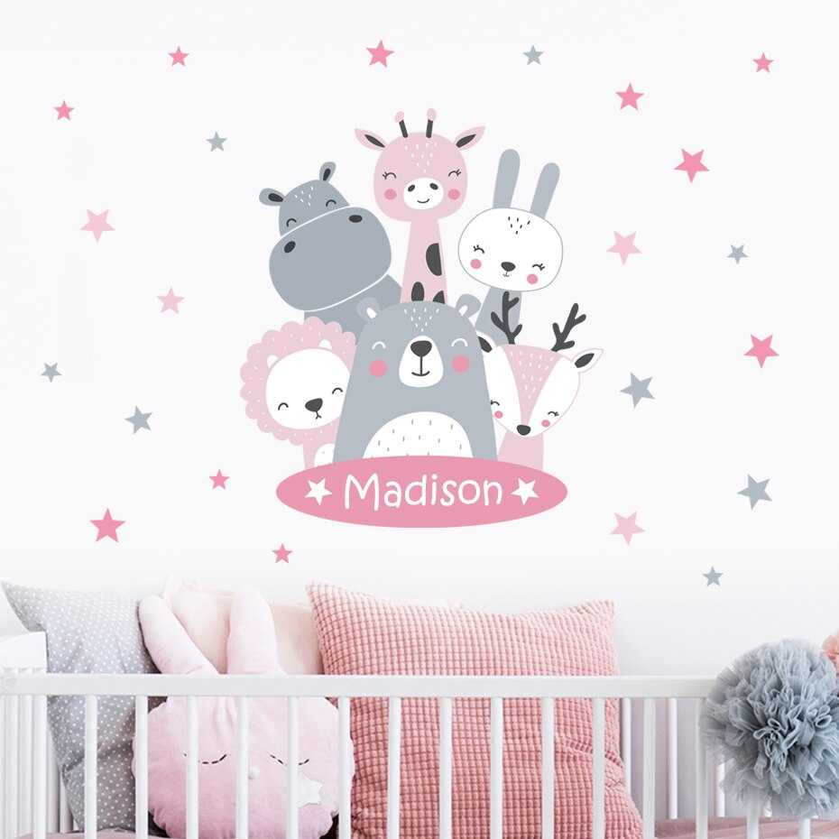 Rabbit Giraffe Stars Animal Wall Sticker with Baby Name