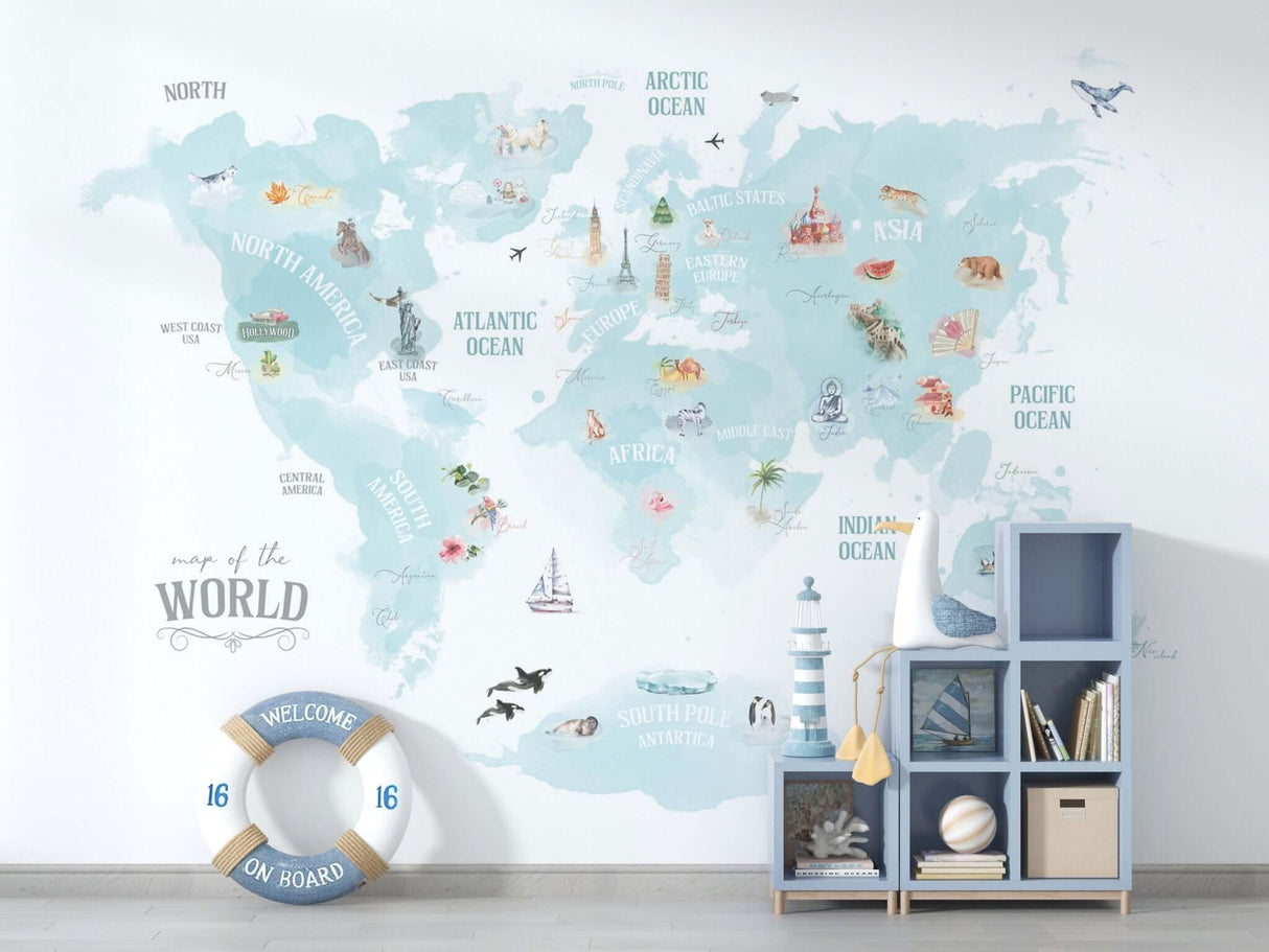 World Map Blue Theme - Kids Room Wallpaper Mural-ChandeliersDecor.com