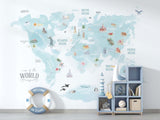 World Map Blue Theme - Kids Room Wallpaper Mural-ChandeliersDecor.com