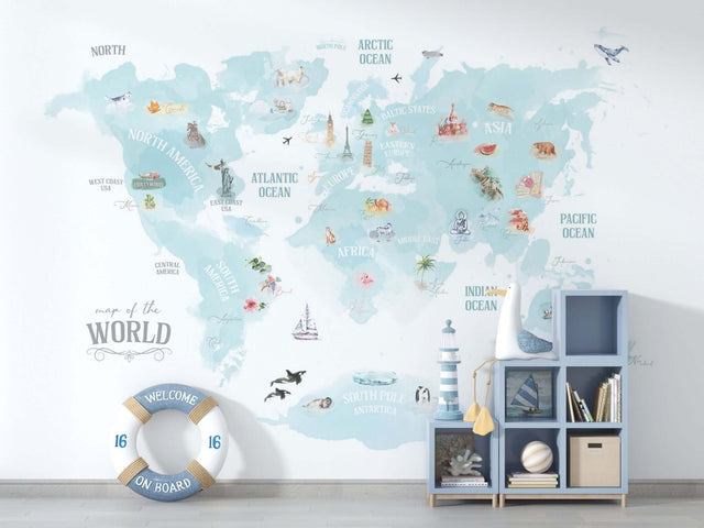 World Map Blue Theme - Kids Room Wallpaper Mural-ChandeliersDecor.com