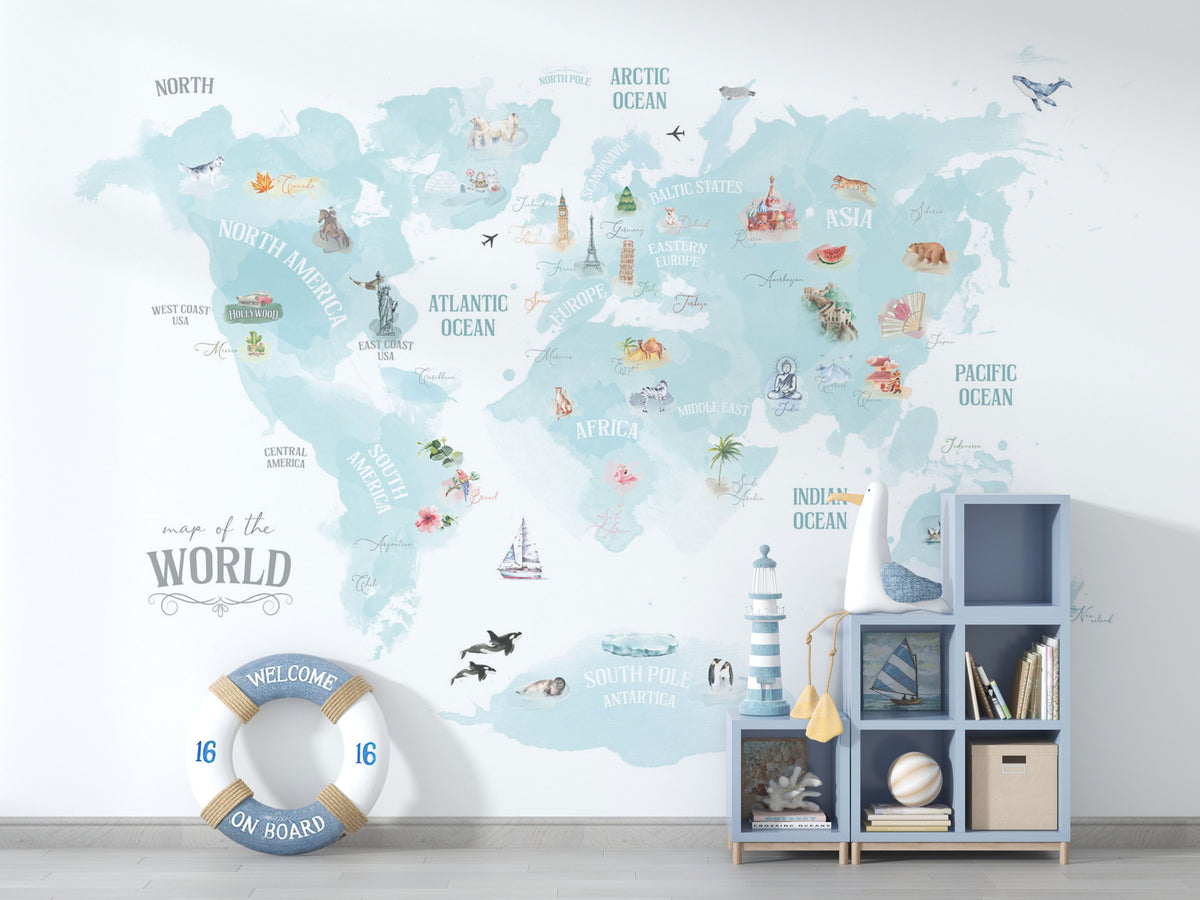 World Map Blue Theme - Kids Room Wallpaper Mural-ChandeliersDecor