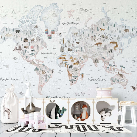World Map White Theme - Kids Room Wallpaper Mural-ChandeliersDecor.com