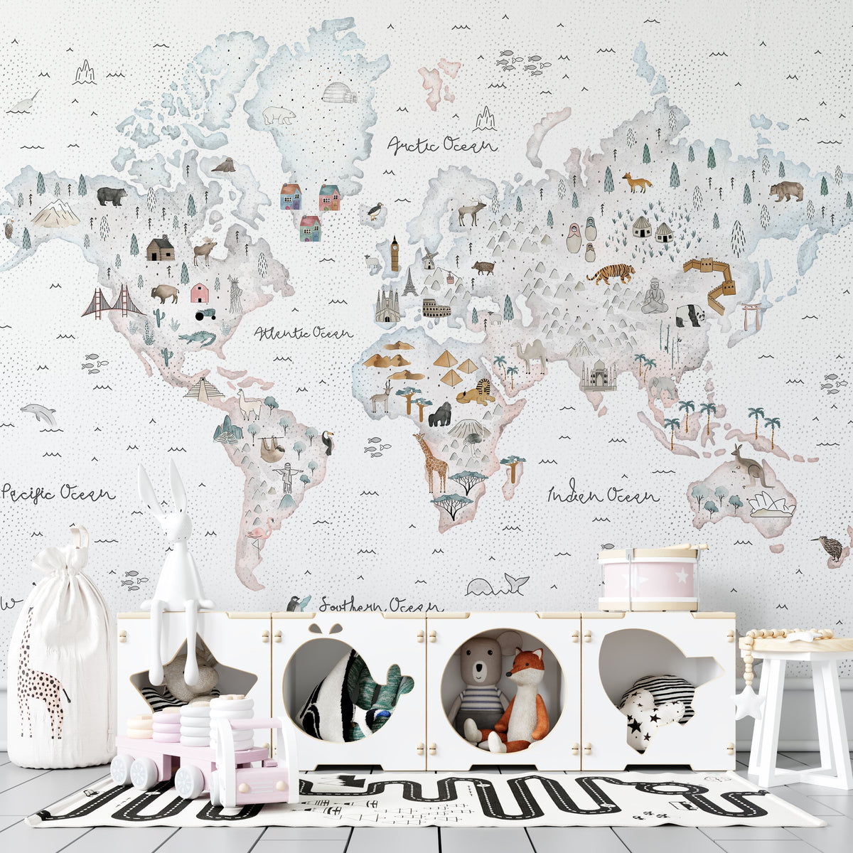 World Map White Theme - Kids Room Wallpaper Mural-ChandeliersDecor