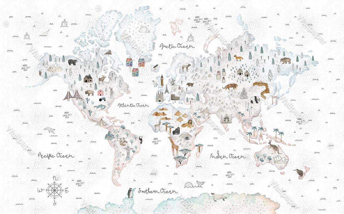 World Map White Theme - Kids Room Wallpaper Mural-ChandeliersDecor
