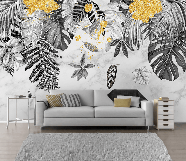 Yellow & Black - Leaves Wallpaper Murals-ChandeliersDecor.com