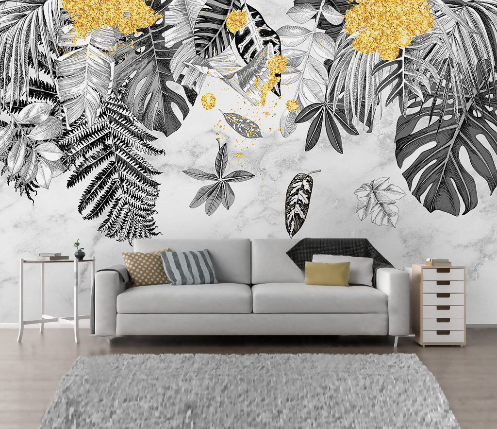 Yellow & Black - Leaves Wallpaper Murals-ChandeliersDecor