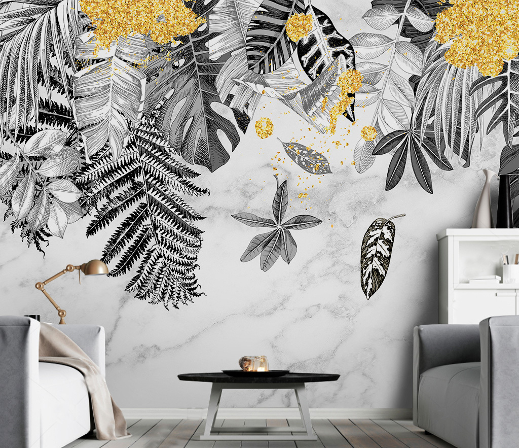 Yellow & Black - Leaves Wallpaper Murals-ChandeliersDecor